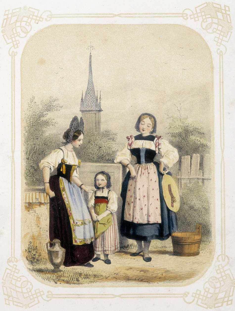 Dwie kobiety i dziewczyna w Szwajcarii - w „Albumie du jeune voyageur”, ilustracja Louis Lassalle autorstwa Louis Simon Lassalle