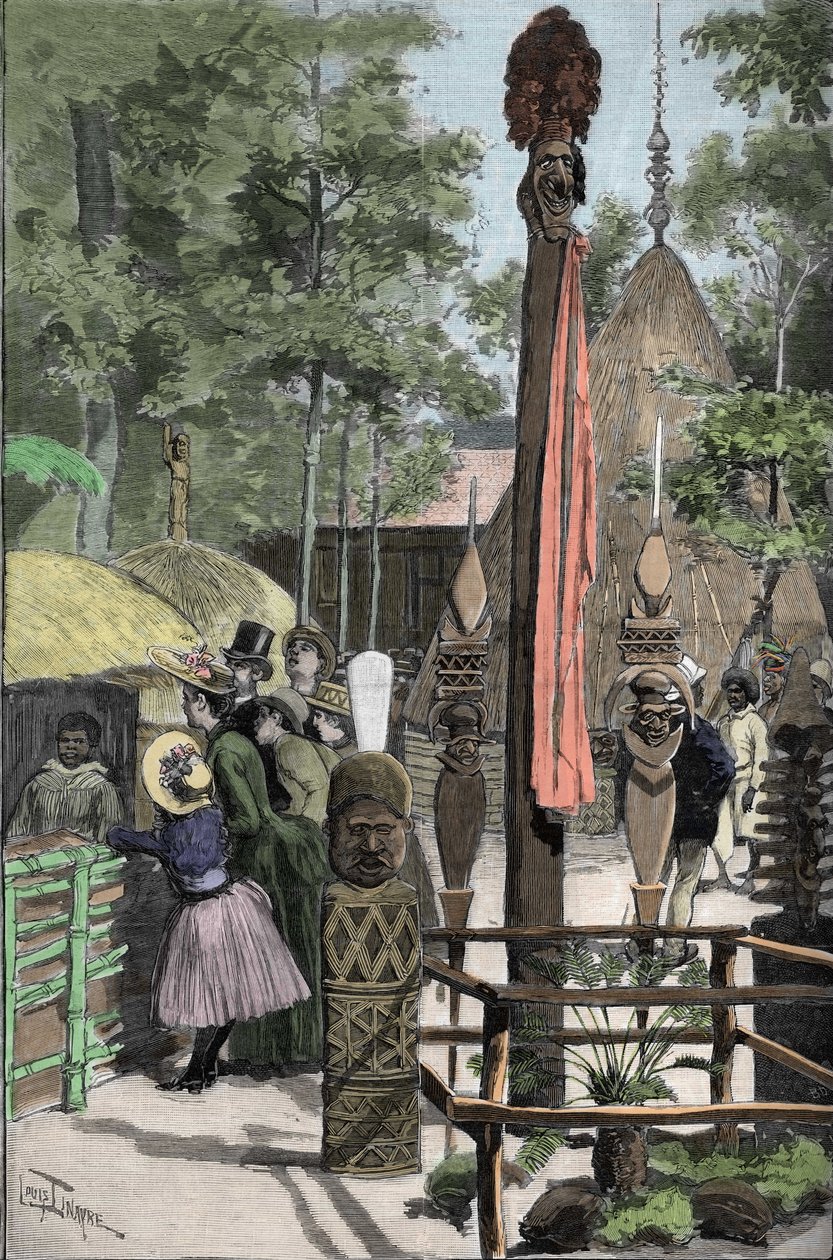 Wystawa uniwersalna 1889 - Wieś kanaków przy Esplanade des Invalides (Kanaki wystawione na wystawie: Human Zoo) - Rysunek Louisa Tinayre