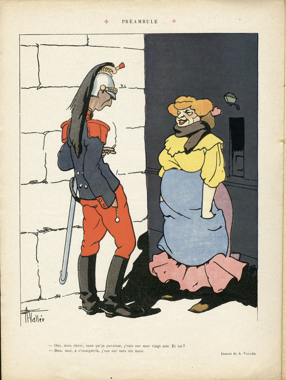 Ilustracja przedstawiająca Louisa Valleta (1856-1940) w Le Rire, 02/03/12 - Preambuła - Armee, Prostytucja autorstwa Louis Vallet