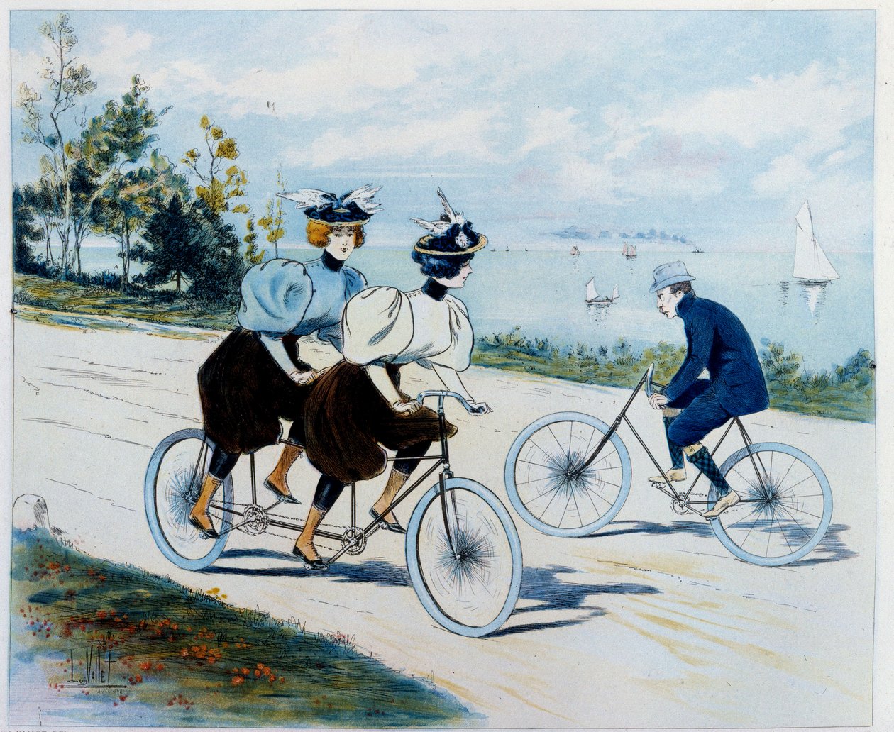 Niedzielny spacer. Jazda na rowerze: mężczyzna na rowerze patrzy na dwie kobiety na tandemie. Rysunek Louisa Valleta (1856 -?) autorstwa Louis Vallet