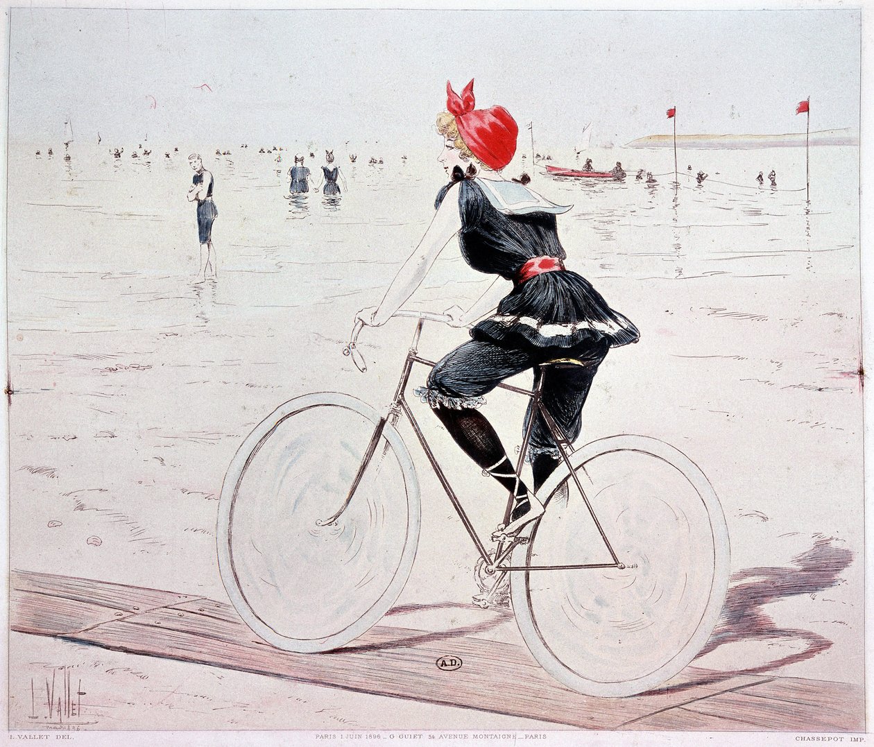 Kobieta na rowerze na plaży - rysunek L. Vallet autorstwa Louis Vallet