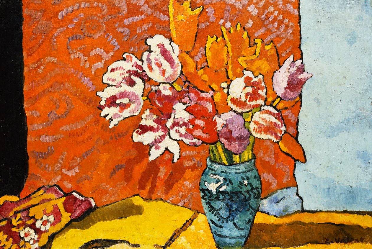 Niebieska waza, tulipany i draperia; Niebieska waza, tulipany i draperia autorstwa Louis Valtat