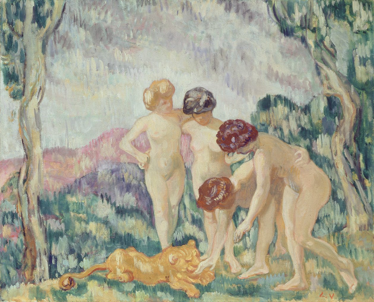 Młode dziewczynki bawiące się lwiątkiem, ok. 1905-06 (olej na płótnie) autorstwa Louis Valtat