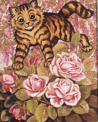 Kotek chowający się w krzaku róży autorstwa Louis Wain