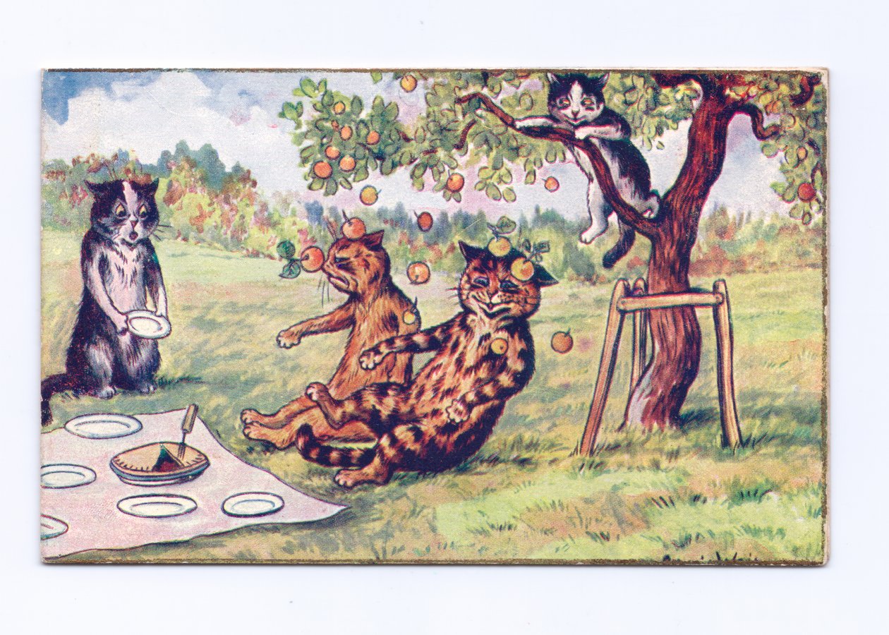 Wiktoriańska kartka z życzeniami z jabłkami spadającymi na dwa koty na pikniku, ok. 1880 r autorstwa Louis Wain