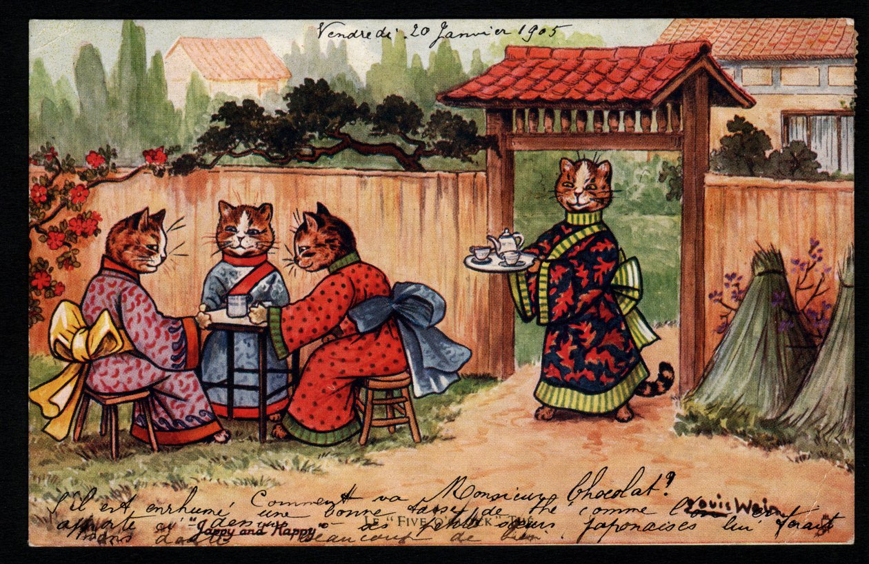 Zwierzęta w ludzkiej postawie. Kot w kimonie pije herbatę w ogrodzie japońskim. Pocztówka. Chromolithograph Louisa Waina (1860-1939), angielskiego artysty znanego z przedstawiania kotów o dużych oczach. Początek XX wieku. Kolekcja pr autorstwa Louis Wain