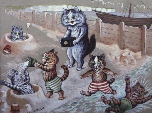 Koty kąpiące się w morzu autorstwa Louis Wain