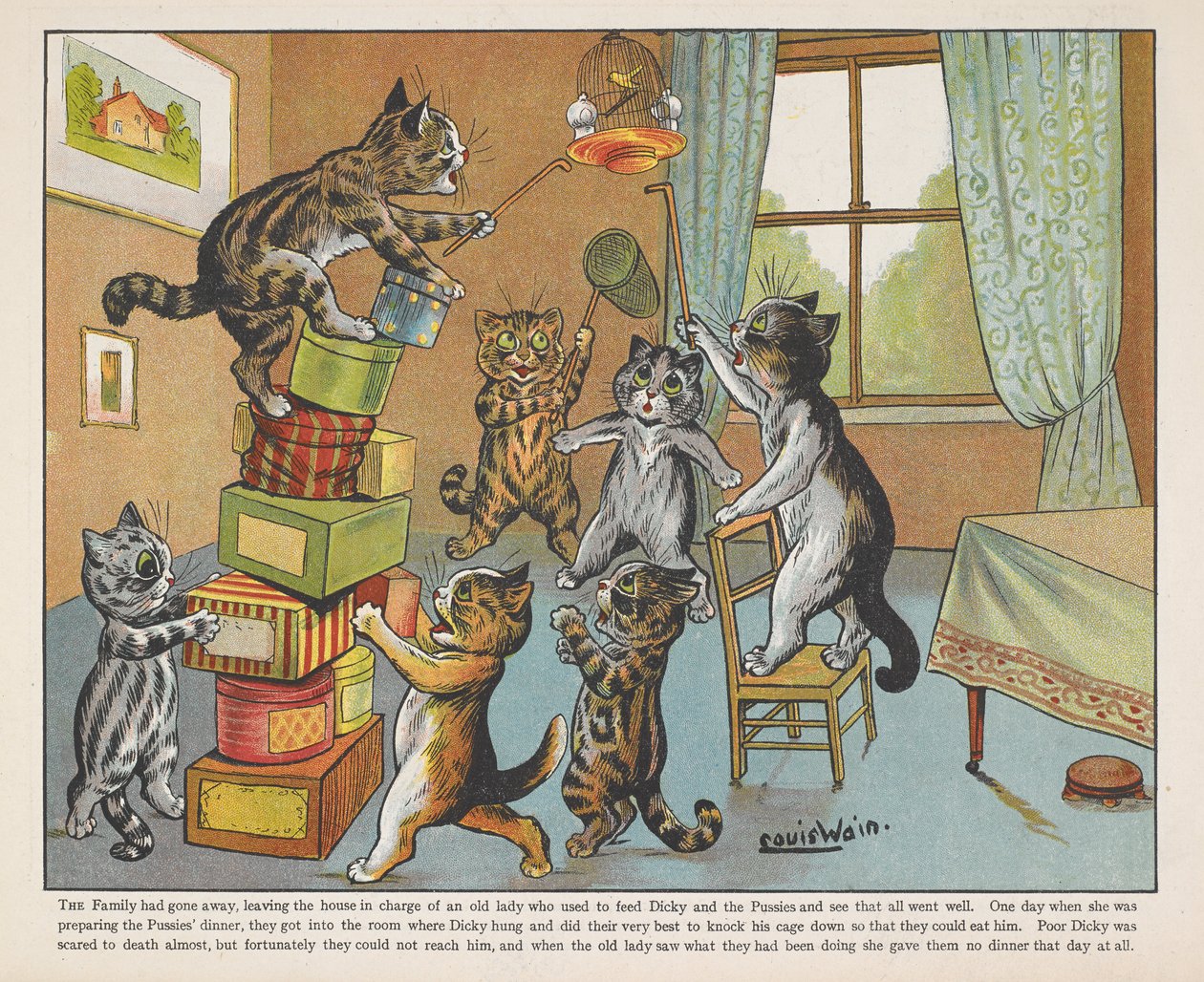 Koty bawiące się pudełkami w pokoju. autorstwa Louis Wain