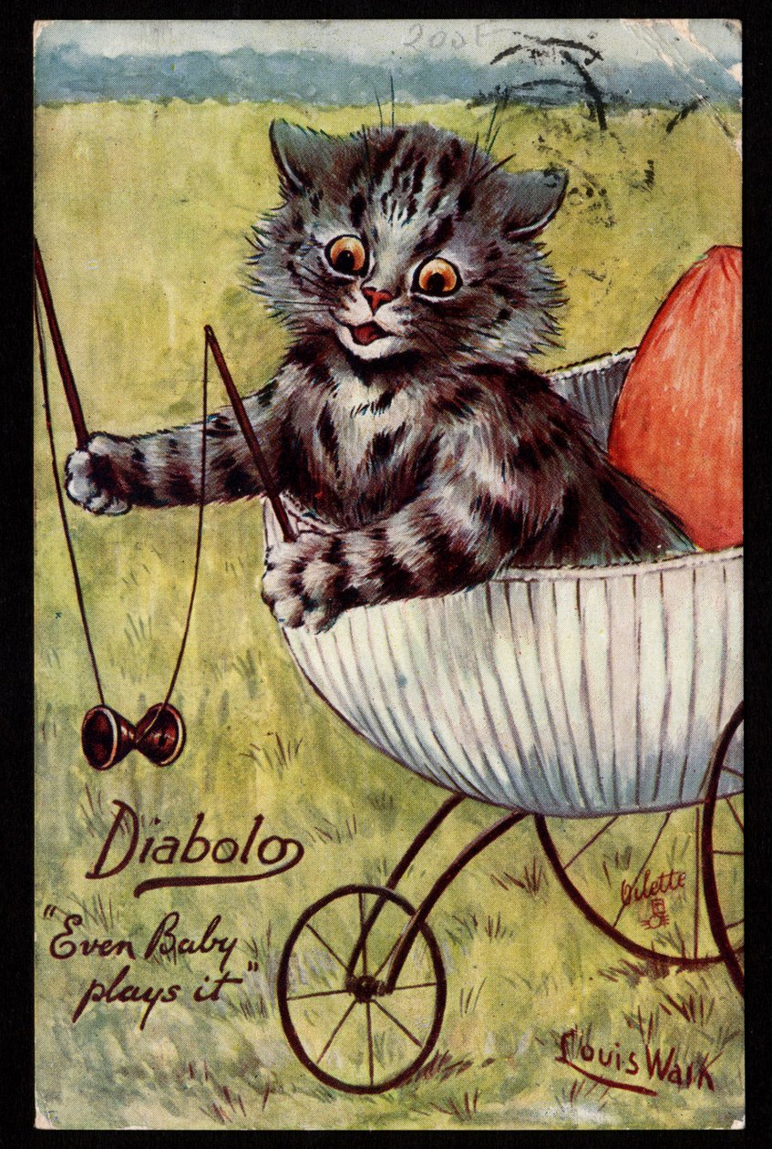 Diabolo. Nawet dziecko w to gra. Zwierzęta w ludzkiej postawie. Kotek bawi się z diabolo w kołysce. Pocztówka. Chromolithograph Louisa Waina (1860-1939), angielskiego artysty znanego z przedstawiania kotów o dużych oczach. Początek XX autorstwa Louis Wain