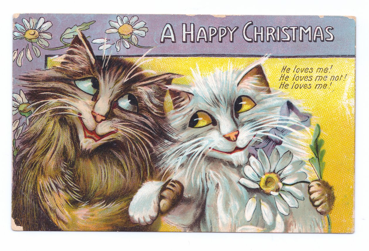 Edwardiańska pocztówka bożonarodzeniowa przedstawiająca dwa czułe koty, ok. 1910 r. autorstwa Louis Wain
