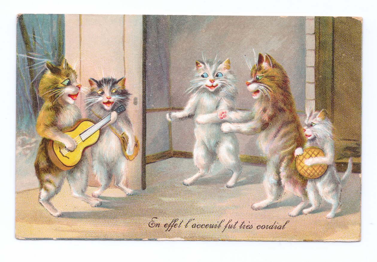 Edwardiańska pocztówka przedstawiająca kota grającego na gitarze z trzema innymi kotami i kotkiem, ok. 1910 r. autorstwa Louis Wain