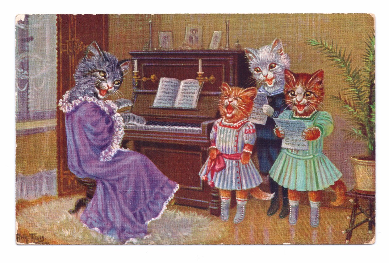 Edwardiańska pocztówka przedstawiająca cztery koty noszące ludzkie ubrania wokół fortepianu i śpiewające, ok. 1910 r. autorstwa Louis Wain