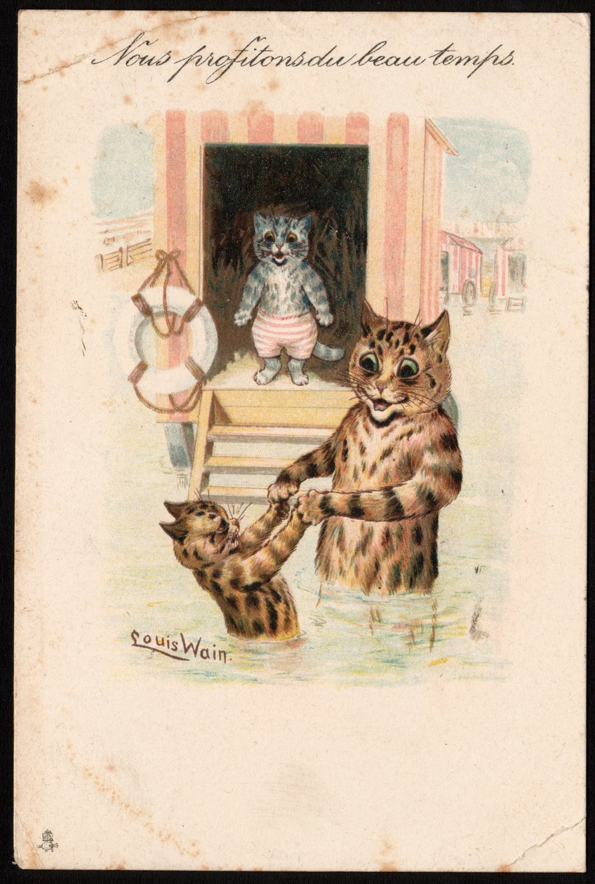Korzystamy z dobrej pogody. Zwierzęta w ludzkiej postawie. Kąpiel morska dla kota na wakacjach. Pocztówka. Chromolithograph Louisa Waina (1860-1939), angielskiego artysty znanego z przedstawiania kotów o dużych oczach. Początek XX wieku. Kołnierz autorstwa Louis Wain