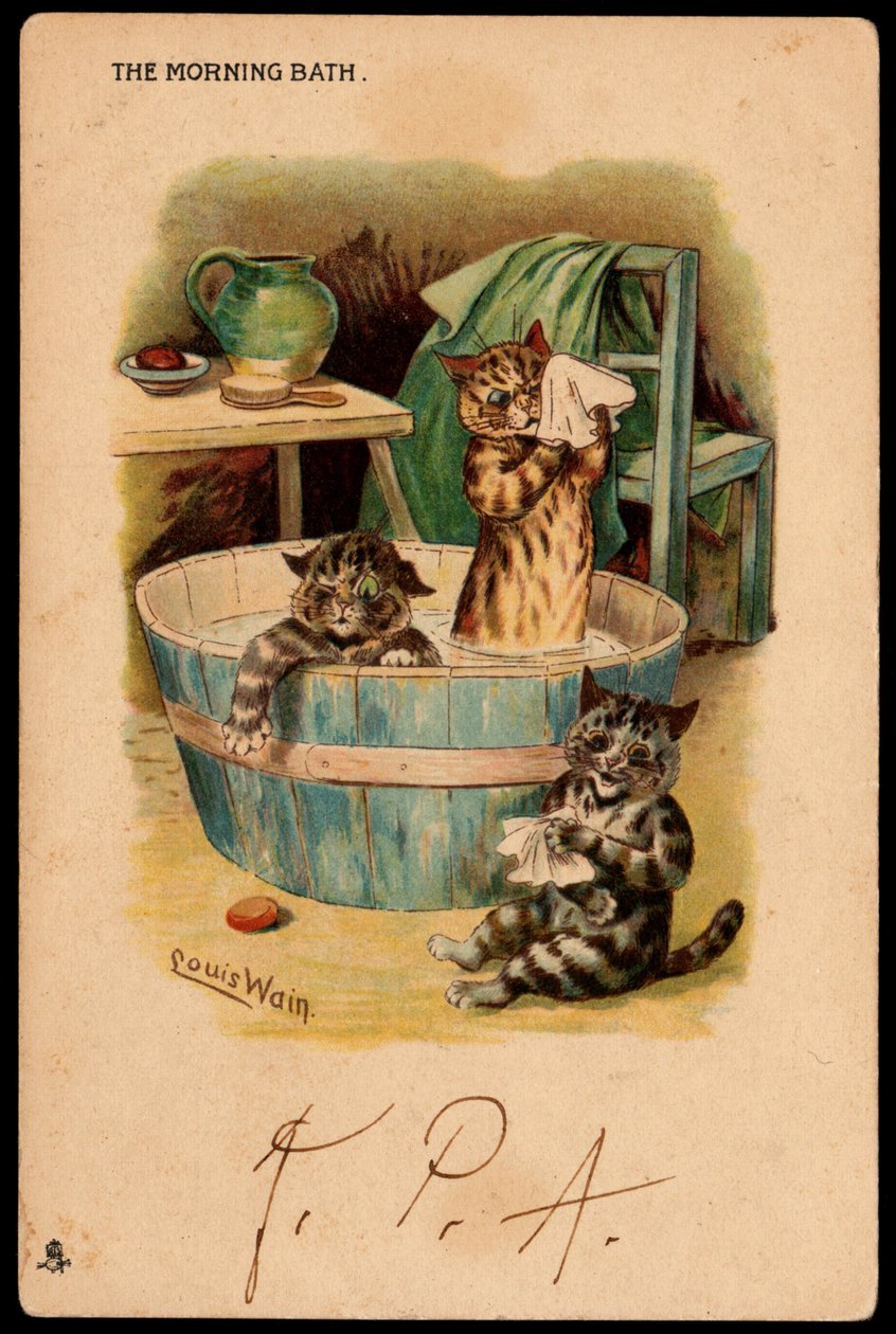 Poranna kąpiel. Zwierzęta w ludzkiej postawie. Koty kąpiące się w misce. Pocztówka. Chromolithograph Louisa Waina (1860-1939), angielskiego artysty znanego z przedstawiania kotów o dużych oczach. Początek XX wieku. Zbierać autorstwa Louis Wain
