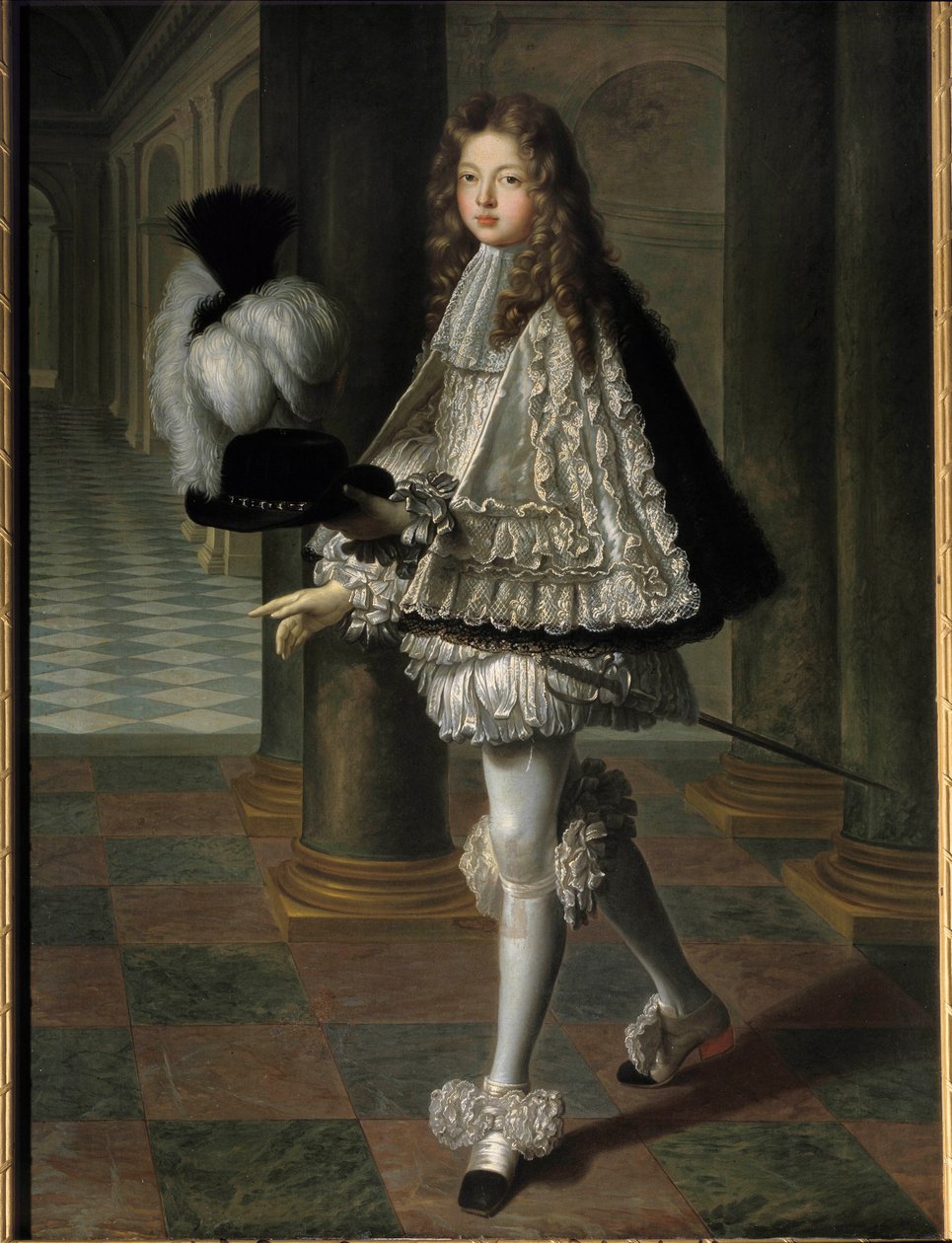 Portrait en pied de Louis Alexandre de Bourbon, hrabia Tuluzy w nowicjuszowym stroju Ducha Świętego (Zakon Ducha Świętego) (1678-1737), prawowity syn Ludwika XIV i Francoise Athenais (Francoise-Athenais) – Rochechouart Mortemart, markiza z Mont autorstwa Louis de Boullogne