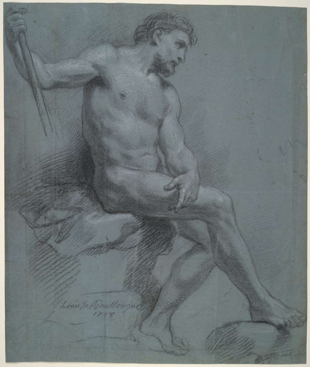 Siedzący mężczyzna nago w profilu autorstwa Louis de Boullogne the Younger