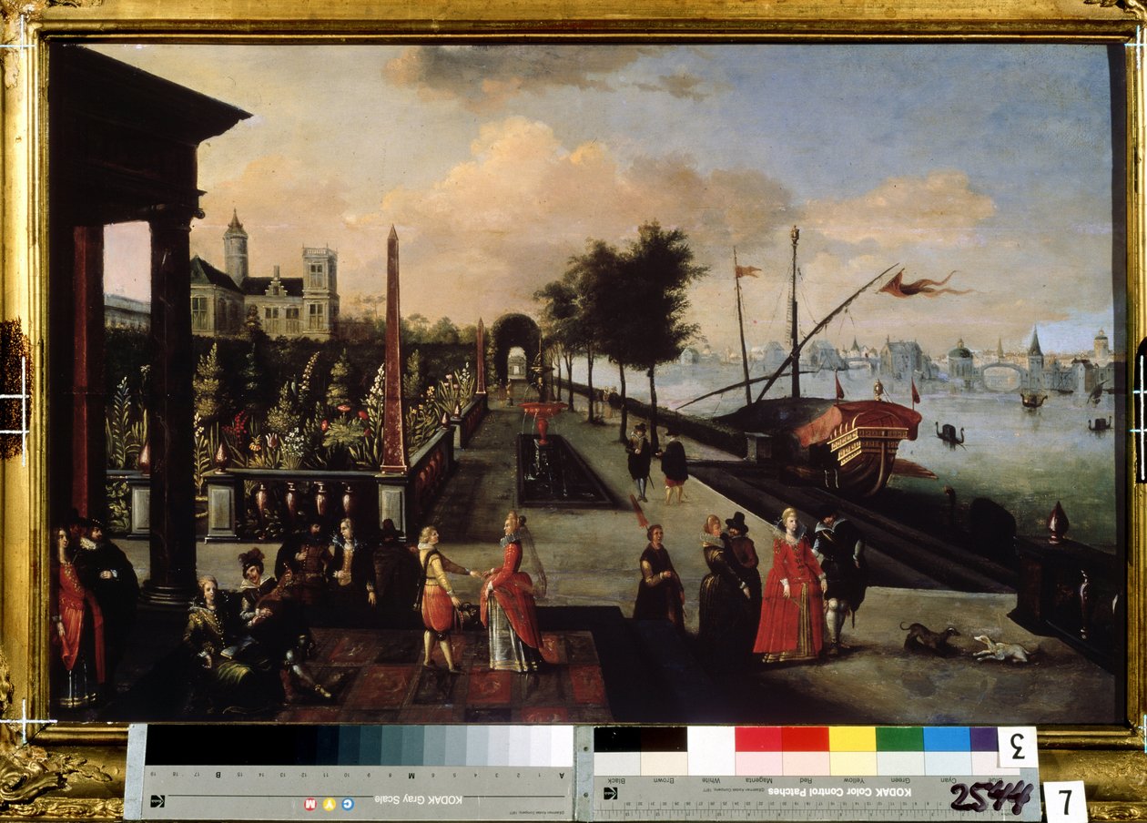 ""Promenada wzdłuż wybrzeża"" Widok na miasto prawdopodobnie w Holandii. Obraz Louisa de Cauley (znanego jako Mistrz Księgi Szkiców Leningradu) (ok. 1580 – po 1621). Muzeum Radishcheva z XVII wieku, Saratów, Rosja autorstwa Louis de Caulery