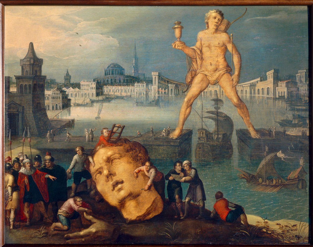 Siedem cudów świata: „”Kolos z Rodos”” (Colosso di Rodi) Obraz Louisa de Caullery (znanego jako Mistrz Księgi Szkiców Leningradu) (ok. 1580 – po 1621) Słońce XVII w. 0,35x0,46 m² autorstwa Louis de Caulery