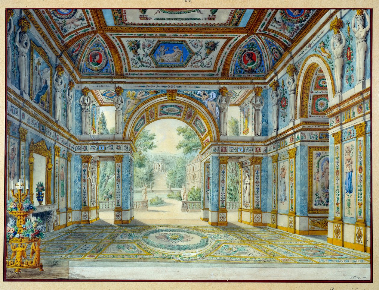 Portyk pałacu otwierający się na park. Grawerowanie Louisa De Saint Ange (1780-1831) autorstwa Louis de Saint Ange Desmaisons