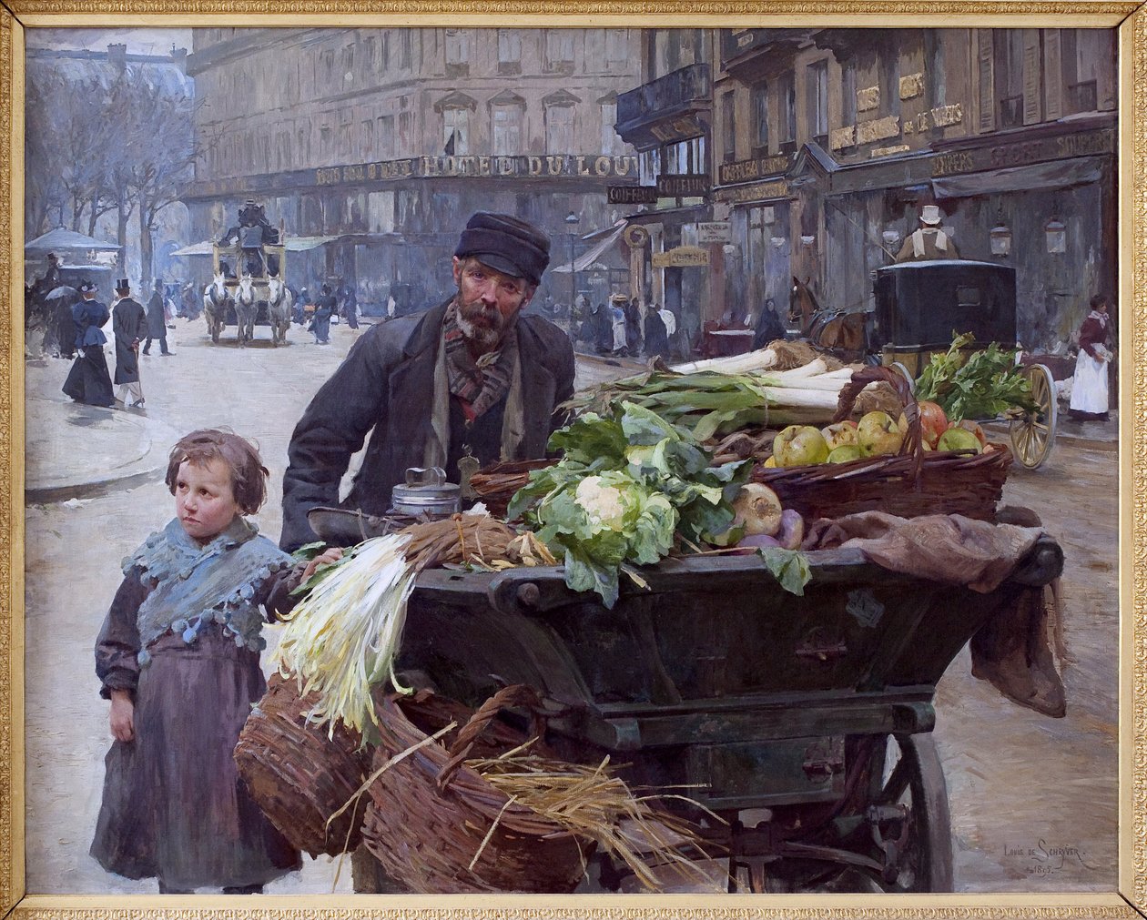 Kupiec czterech pór roku w Paryżu. Za nim Hotel du Louvre (1. dzielnica) Obraz Louisa Marie de Schryver (1862-1942), olej na płótnie autorstwa Louis de Schryver