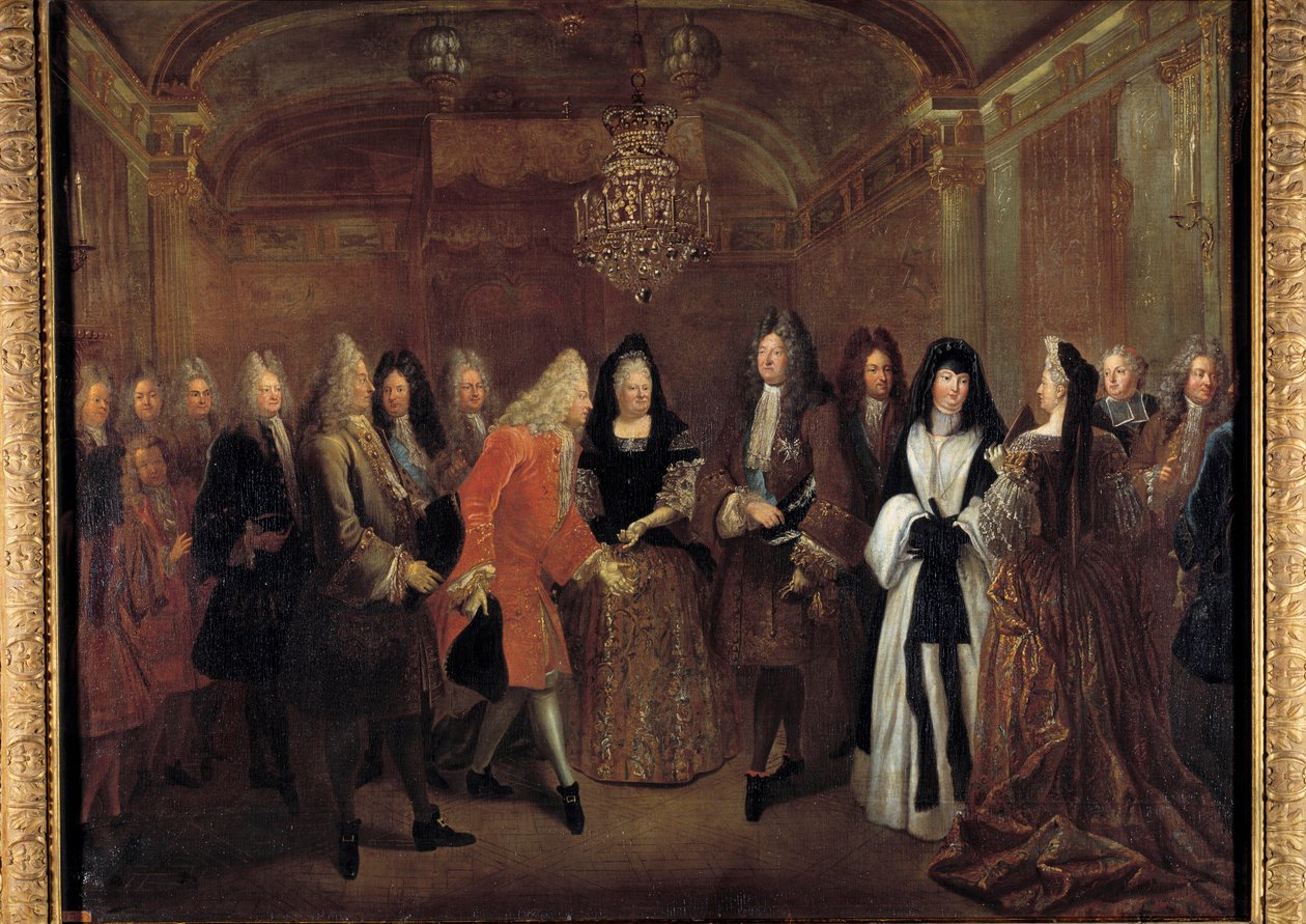 Król Ludwik XIV (1638-1715) przyjął księcia Fryderyka Augusta saskiego z rąk Elżbiety Charlotte d