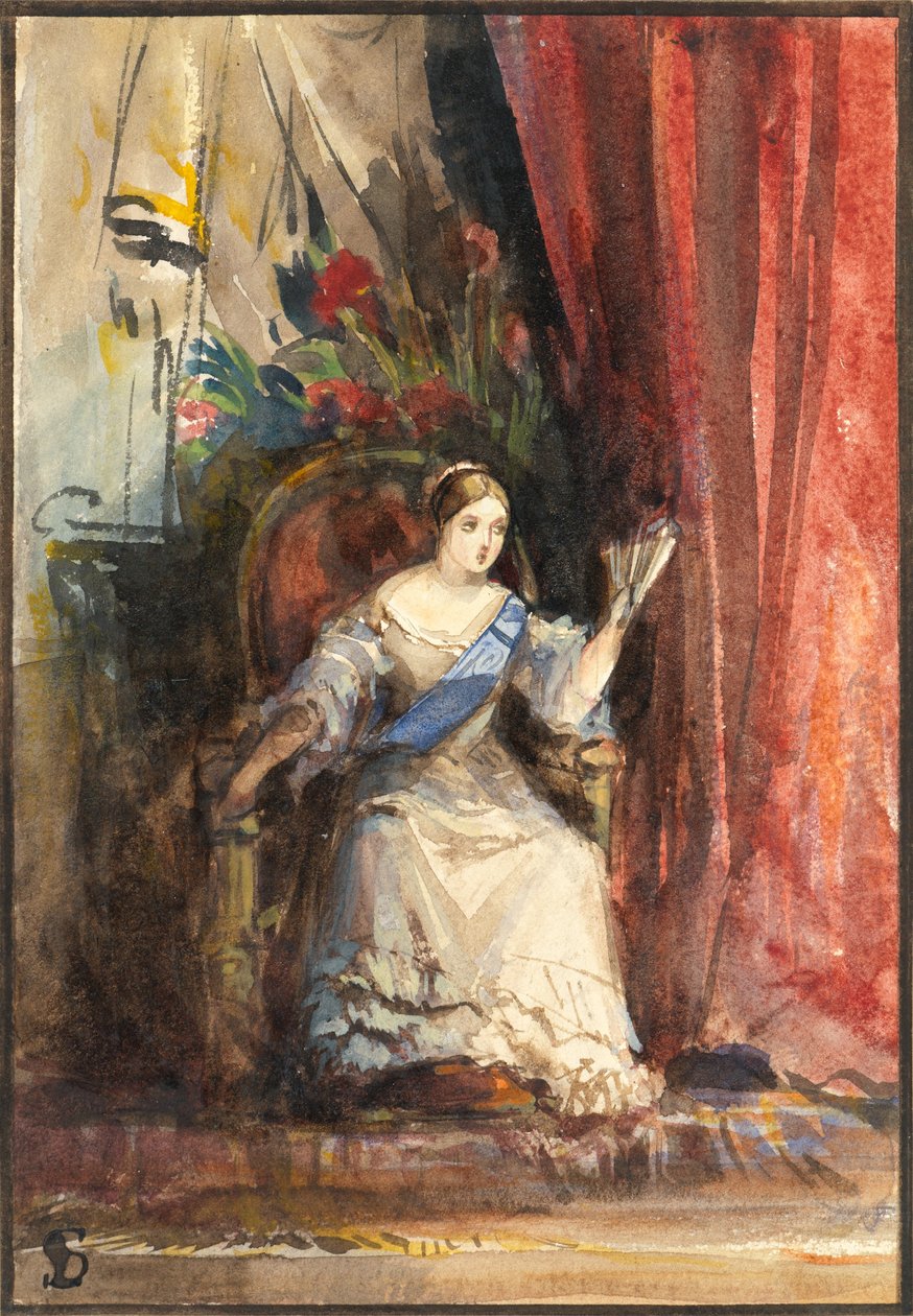 Królowa Wiktoria na dworze, 1838 (wc z gumą arabską) autorstwa Louisa Anne Waterford