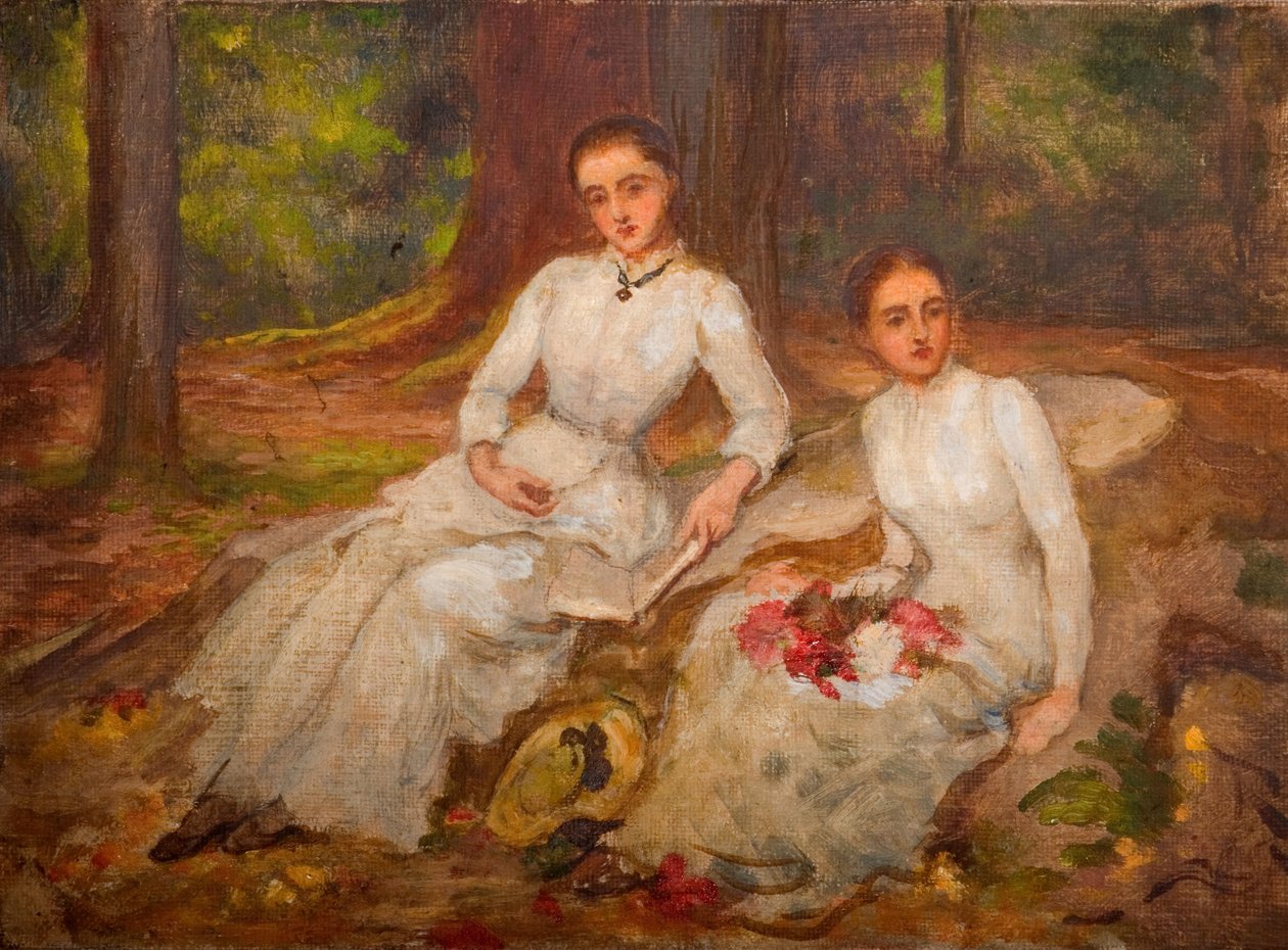 Dwie kobiety w bieli siedzące na zalesionej polanie, 1900. autorstwa Louisa Starr