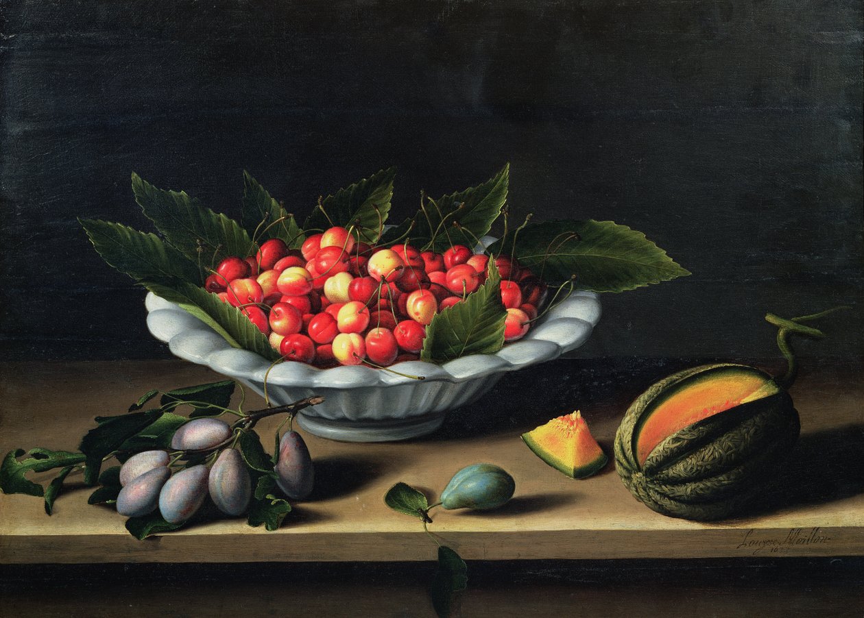 Miska Wiśni ze Śliwkami i Melonem, 1635 autorstwa Louise Moillon