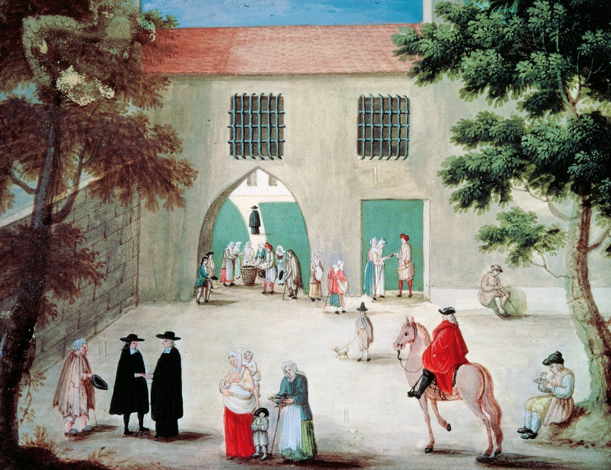 Pomoc ubogim przed opactwem Port-Royal des Champes, Louise-Magdeleine Hortemels (1688-1767), gwasz, Francja autorstwa Louise Magdeleine Hortemels