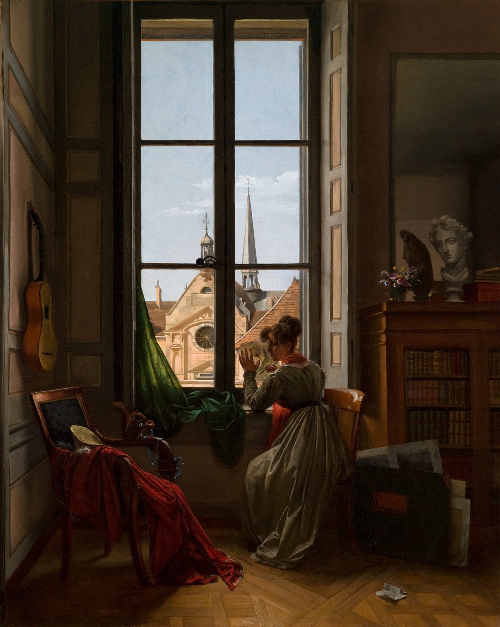 Wnętrze z młodą kobietą śledzącą kwiat, ok. 1820-22 (olej na płótnie) autorstwa Louise Adeone Droelling
