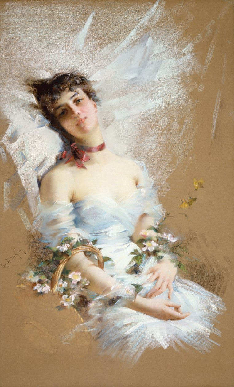 Leżąca Piękność z Koszami Kwiatów (pastel na papierze) autorstwa Louise De Hem