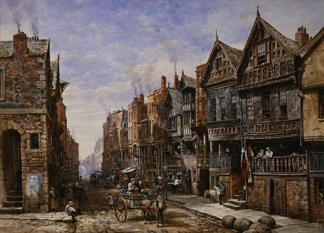 Chester: Watergate Street od rogu Crook Street, z Eastgate Beyond, autorstwa Louise Ingram Rayner