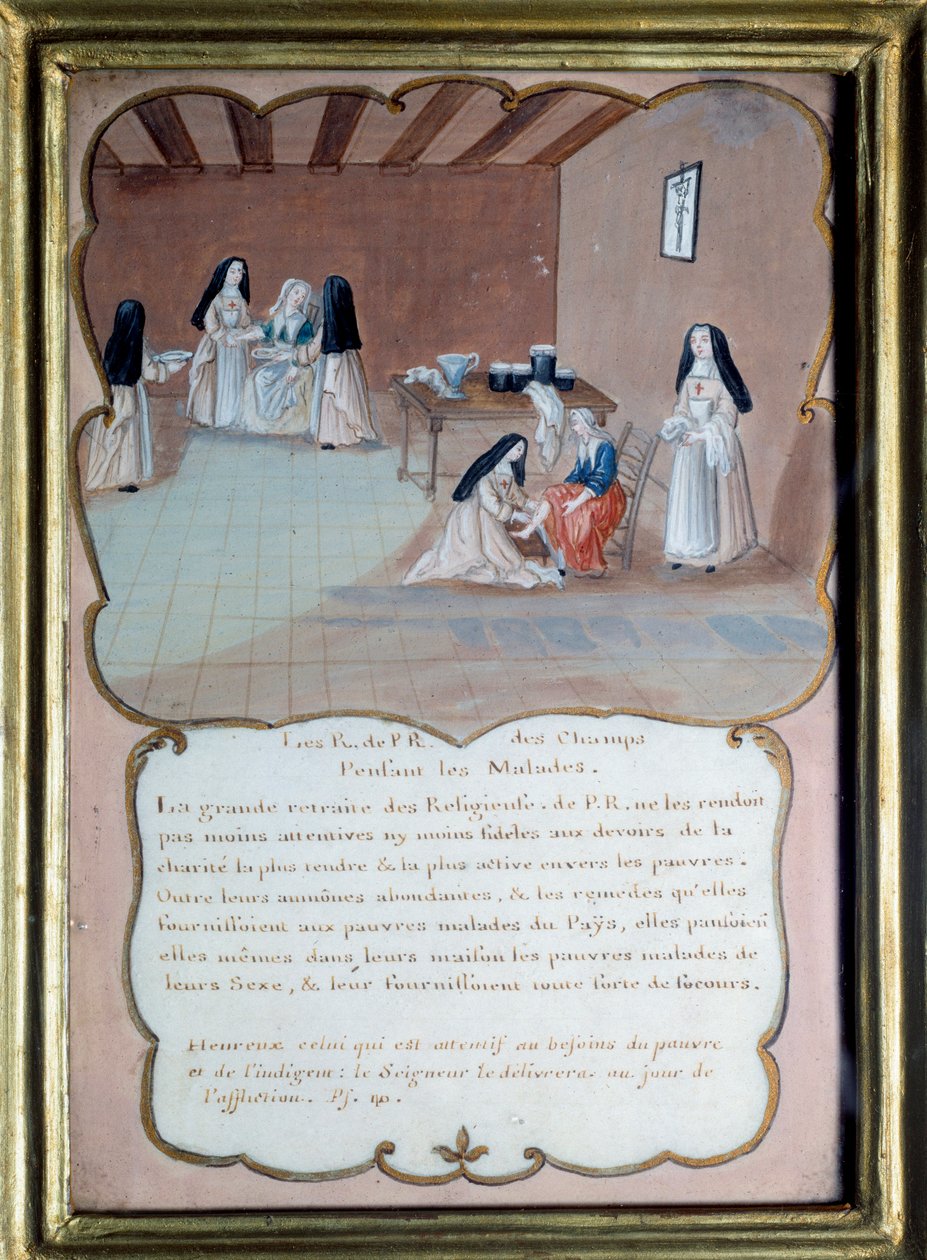 Jansenizm „”Zakonnicy opactwa Port royal des champs (Port-Royal-des-Champs) opiekujący się chorymi””. Anonimowy gwasz wg Louise Madeleine Cochin (1686-1767) Debiut XVIII wieku. Port Royal, Musee Des Granges. autorstwa Louise Madelaine (after) Cochin