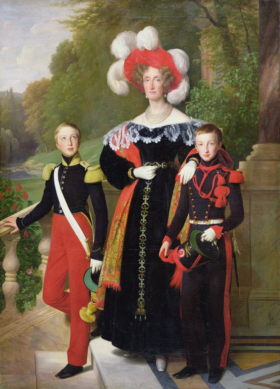 Maria Amelia Burbon-Sycylijska (1782-1866) i jej synowie, Henryk Orleański (1822-97) książę Aumale i Antoine (1824-90) książę Montpensier, 1835 r. autorstwa Louise Marie Jeanne Hersent