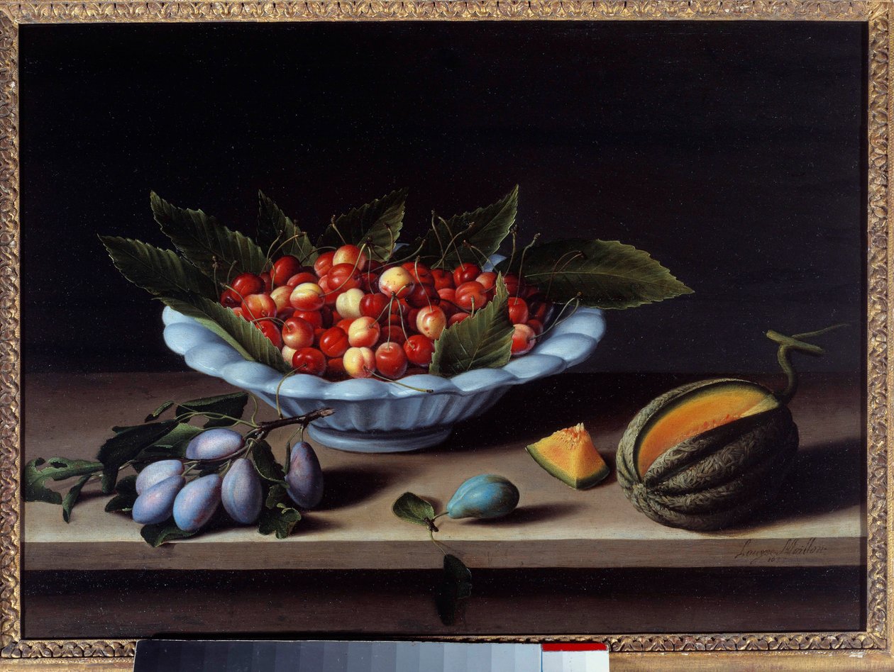 Kubek wiśni, śliwek i melona Obraz Louise Moillon (1610-1696) 1633 Ndz. 0,48x0,65m² autorstwa Louise Moillon