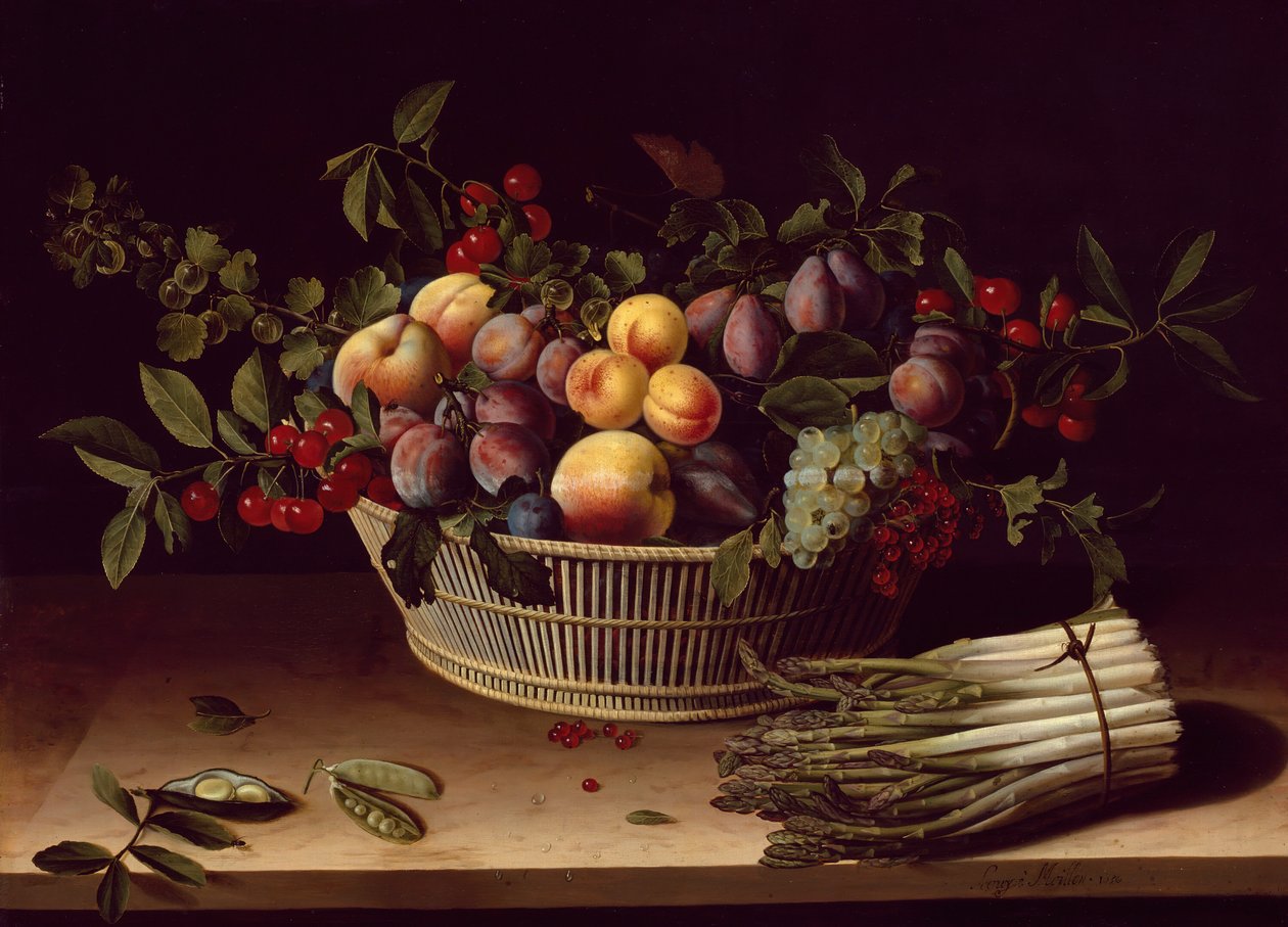 Martwa natura z koszem owoców i kiścią szparagów, 1630. autorstwa Louise Moillon