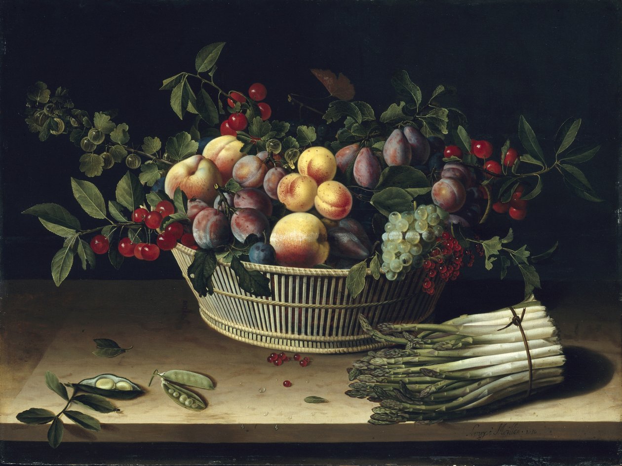 Martwa natura z koszem owoców i pęczkiem szparagów, 1630 autorstwa Louise Moillon
