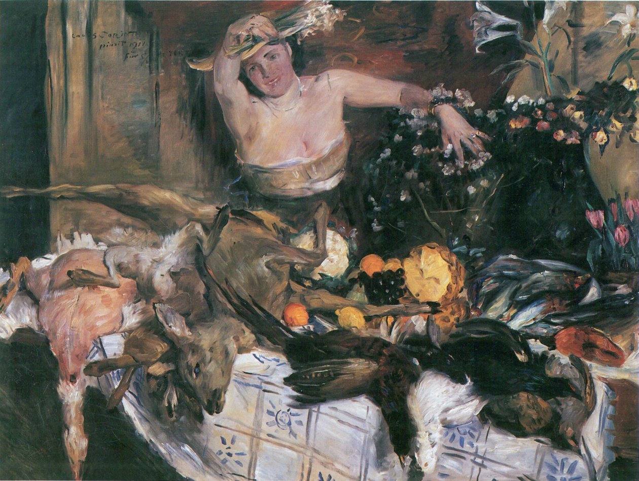 Duża martwa natura ze zdjęciami urodzinowymi postaci autorstwa Lovis Corinth