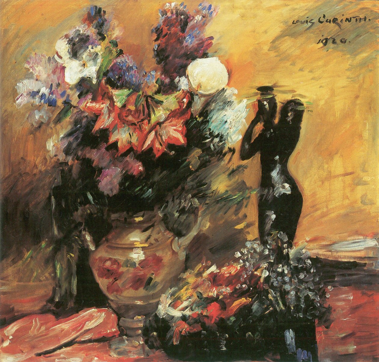 Calla i liliowy z figurką z brązu autorstwa Lovis Corinth