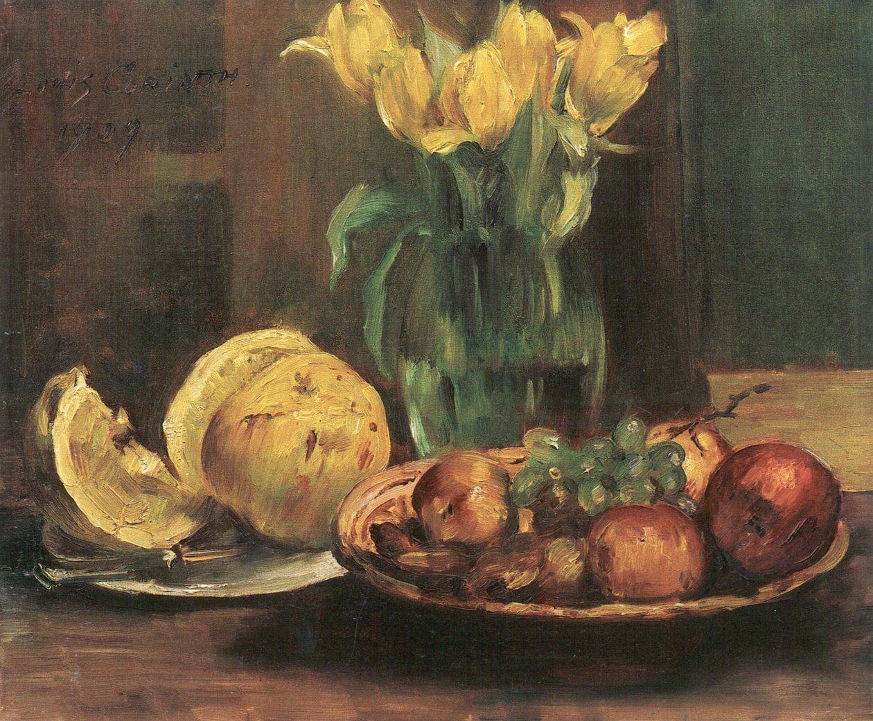Martwa natura z żółtymi tulipanami, jabłkami i grejpfrutem autorstwa Lovis Corinth