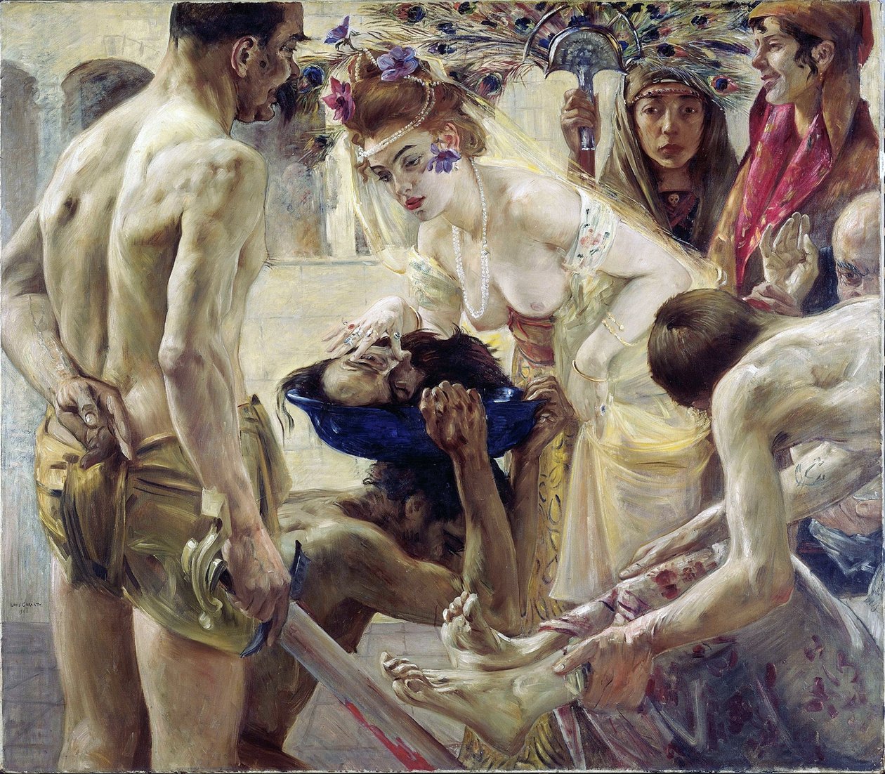 Salome. Biblijna bohaterka w stroju tanecznym otrzymuje na półmisku głowę św. Jana Chrzciciela, którą Herod ofiarowuje jej w nagrodę za wdzięki. Obraz Lovis Corinth (1858-1925), olej na płótnie autorstwa Lovis (1858 1925) Corinth