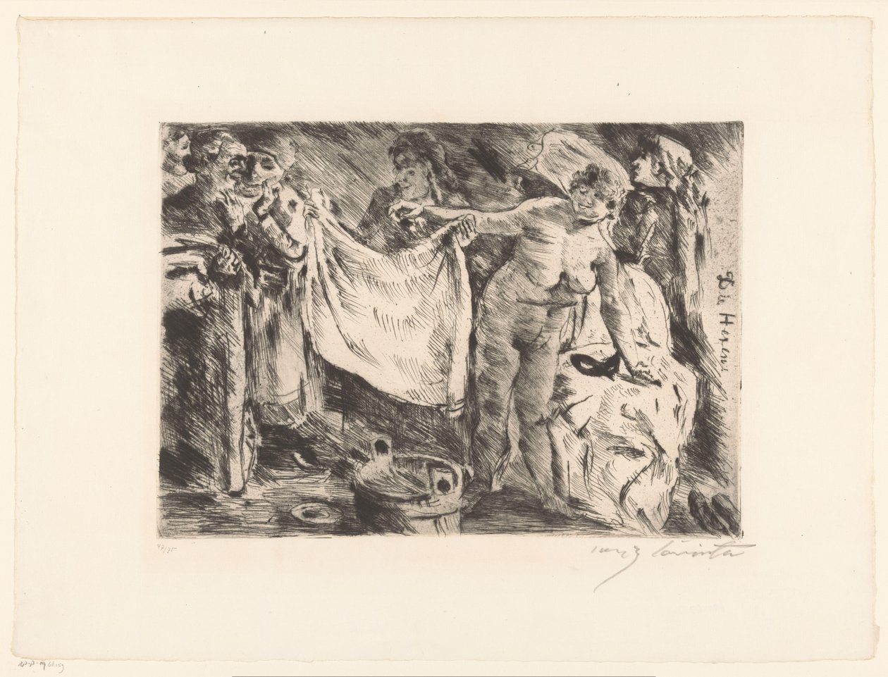 Grupa kobiet, jedna naga, a druga trzymająca szmatkę Die Hexen (tytuł na obiekcie) autorstwa Lovis Corinth (signed by artist)