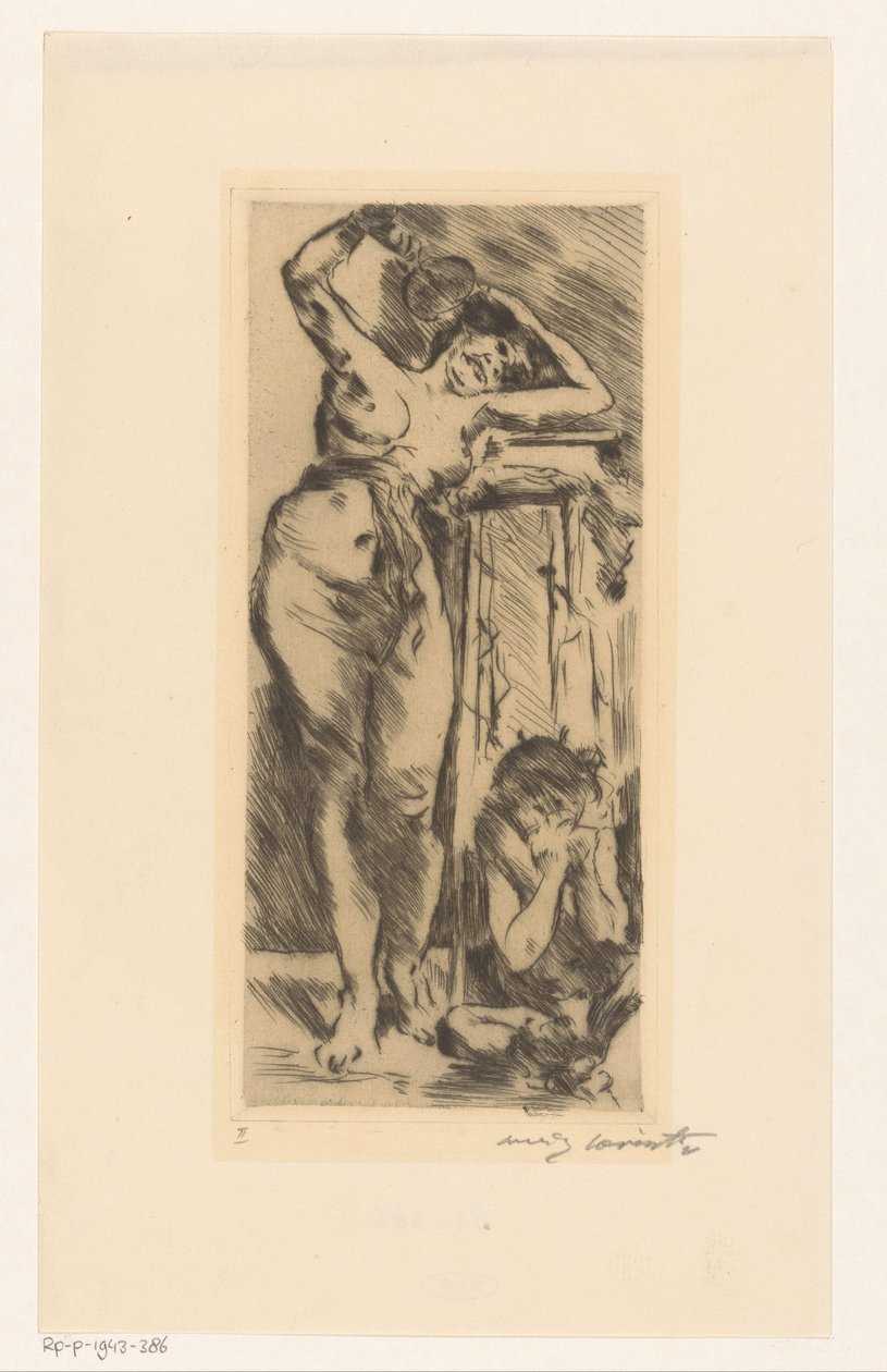 Akt kobiecy z wachlarzem w dłoni i przykucniętą postacią po prawej stronie autorstwa Lovis Corinth (signed by artist)