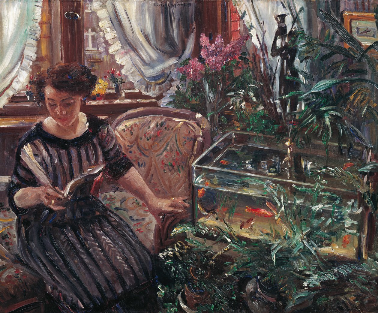 Kobieta czytająca w pobliżu złotej rybki, 1911. autorstwa Lovis Corinth