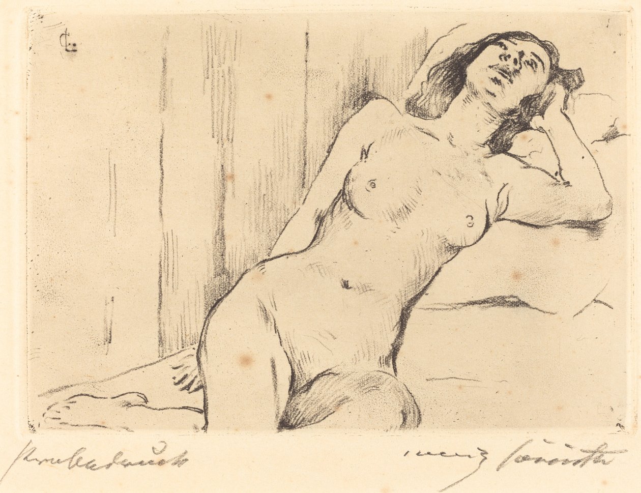 Odpoczynek w trzech czwartych nago (leżąca kobieta nago) autorstwa Lovis Corinth