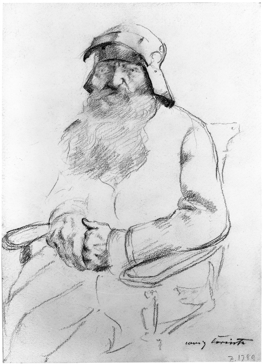 Siedzący brodaty starzec z hełmem z XVI wieku, widziany z przodu (studium do Götza von Berlichingen) autorstwa Lovis Corinth