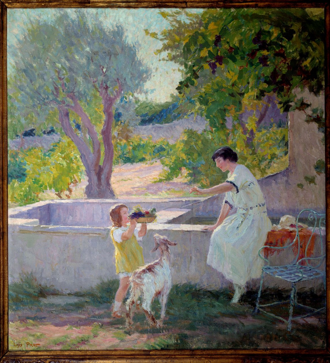 Madame Prat i jej córka w ogrodzie z kozą Obraz Joseph Loys Prat (1879-1934), XX wiek. Burmistrz Donzere. autorstwa Loys Prat