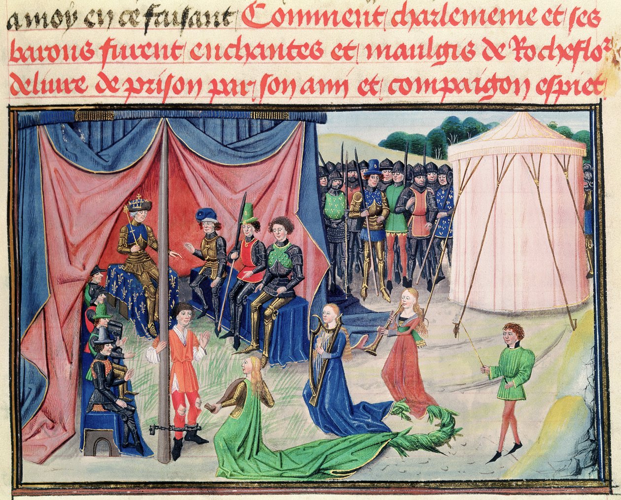 Ms 5072 f.233v Charlemagne i jego baronowie zauroczeni, z cyklu Renaud de Montauban autorstwa Loyset Liedet