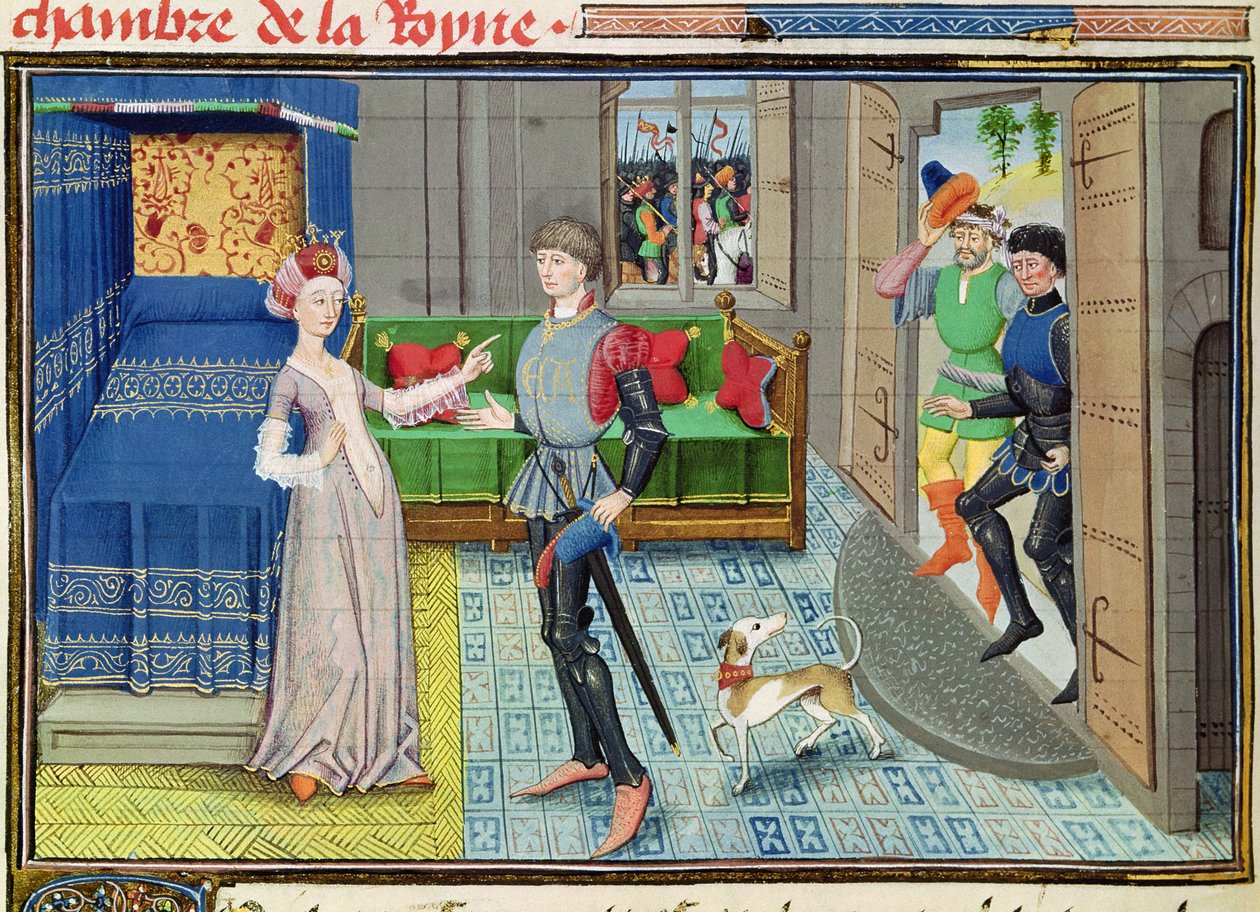 Ms 5072 fol.130v Maugis of Aigremont i Isanne w sypialni królowej, z cyklu Renaud de Montauban autorstwa Loyset Liedet