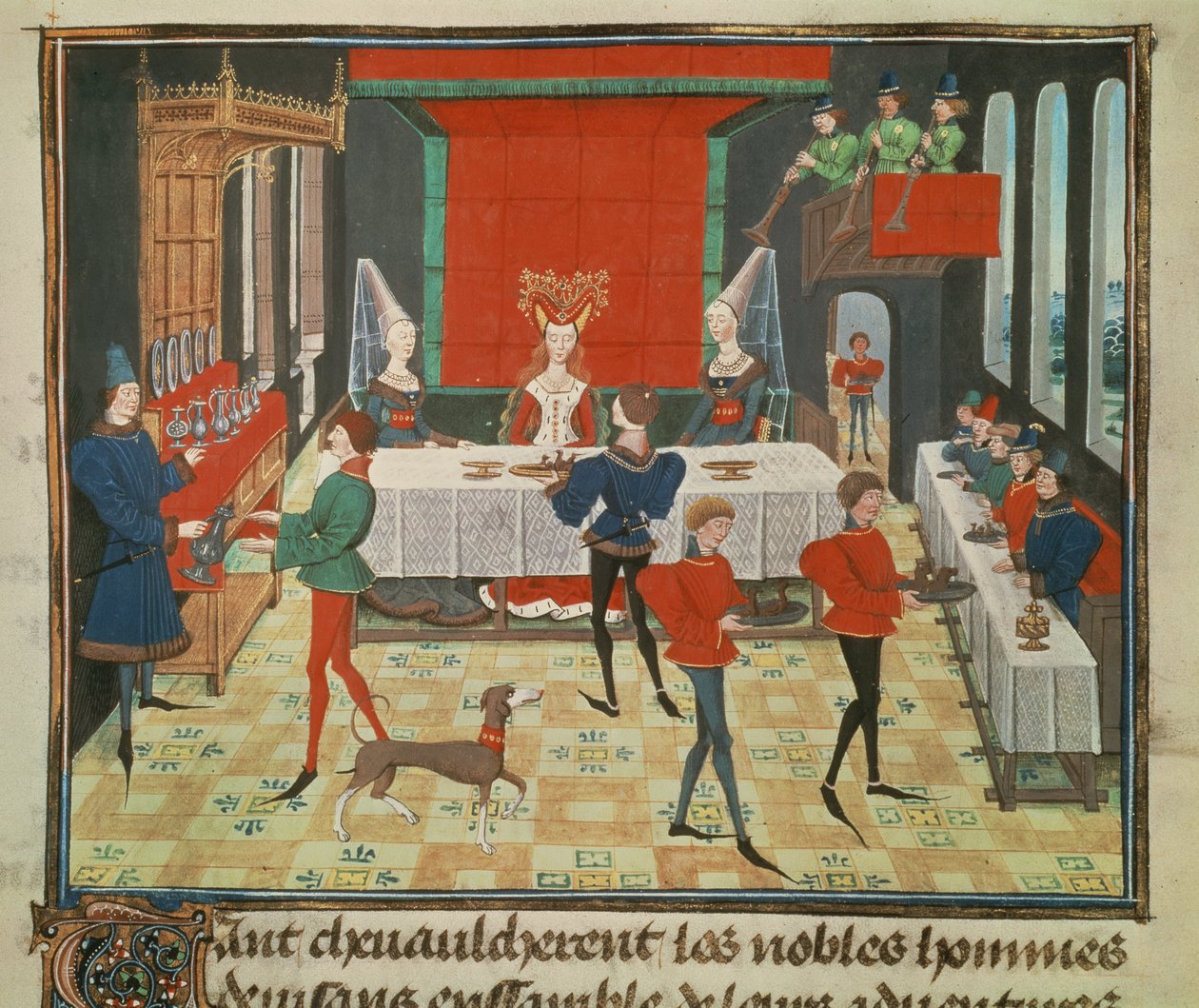 Ms 5073 f.140v Serwis stołowy Pani Jakości, z cyklu Renaud de Montauban autorstwa Loyset Liedet